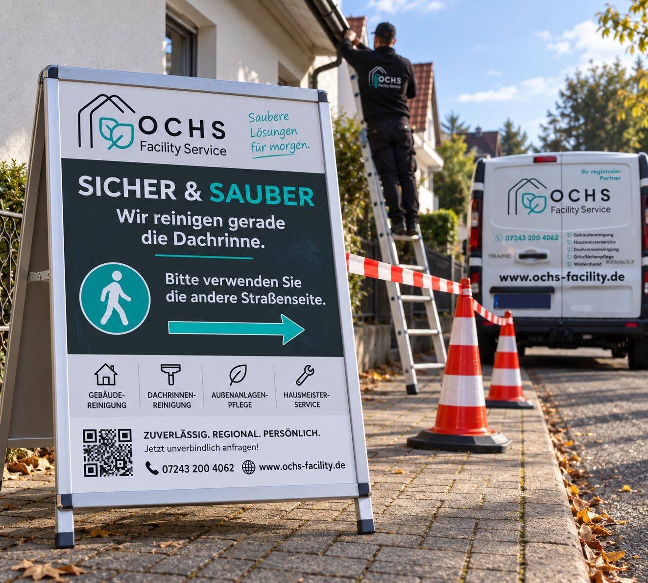 Warnaufsteller mit dem Hinweis „Wir reinigen gerade die Dachrinne – bitte verwenden Sie die andere Straßenseite“, davor Absperrband und Pylonen, dahinter eine Person auf einer Leiter an der Dachrinne und ein OCHS-Firmentransporter.